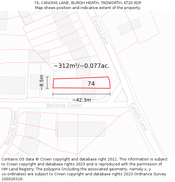 74, CANONS LANE, BURGH HEATH, TADWORTH, KT20 6DP: Plot and title map