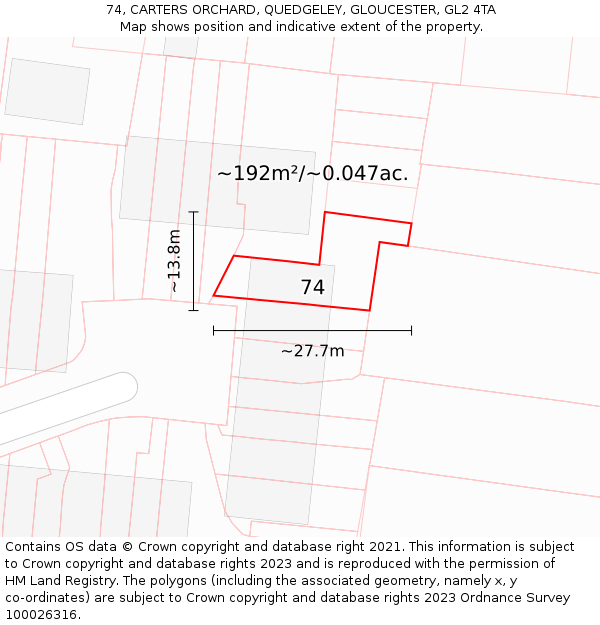 74, CARTERS ORCHARD, QUEDGELEY, GLOUCESTER, GL2 4TA: Plot and title map