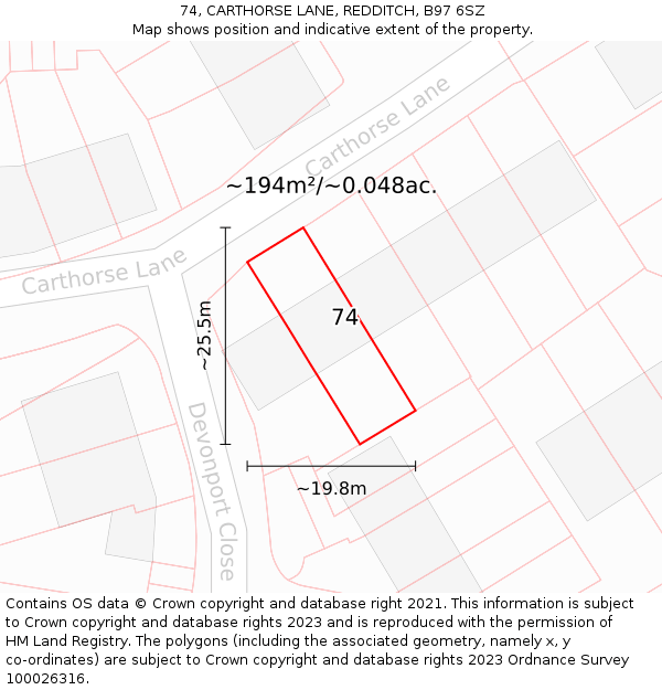 74, CARTHORSE LANE, REDDITCH, B97 6SZ: Plot and title map