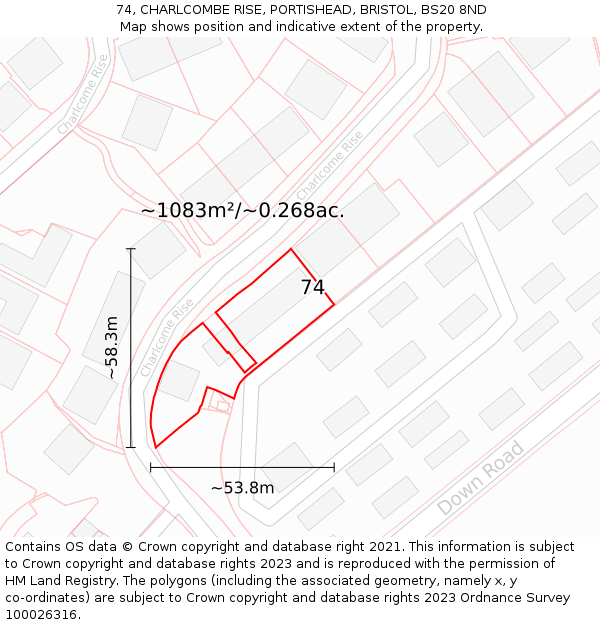 74, CHARLCOMBE RISE, PORTISHEAD, BRISTOL, BS20 8ND: Plot and title map