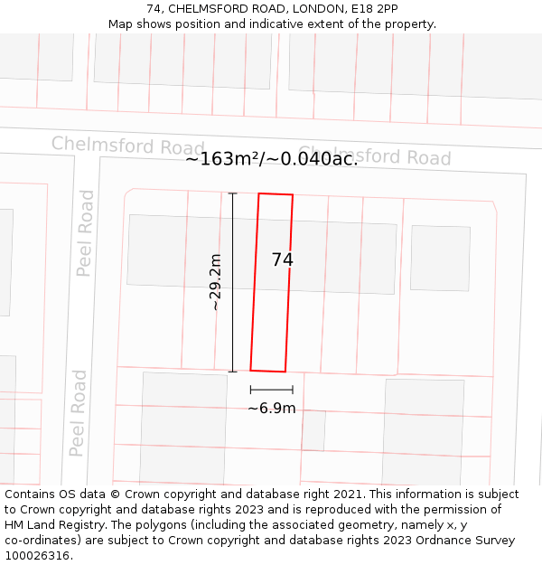 74, CHELMSFORD ROAD, LONDON, E18 2PP: Plot and title map
