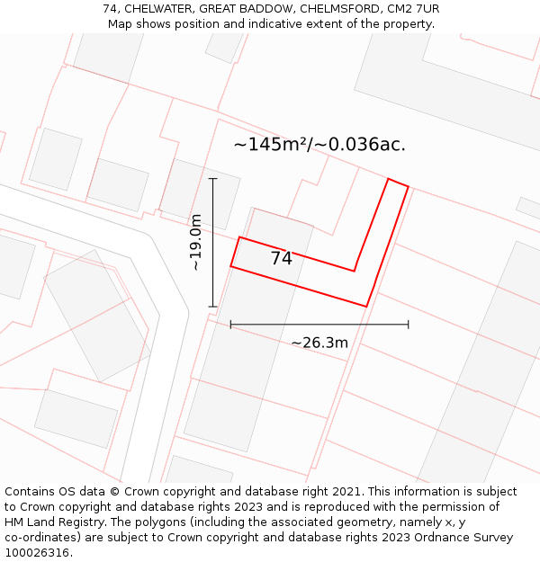 74, CHELWATER, GREAT BADDOW, CHELMSFORD, CM2 7UR: Plot and title map
