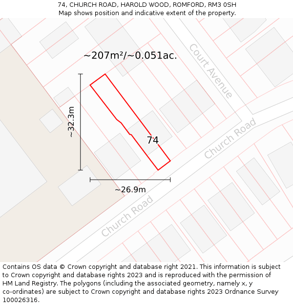 74, CHURCH ROAD, HAROLD WOOD, ROMFORD, RM3 0SH: Plot and title map