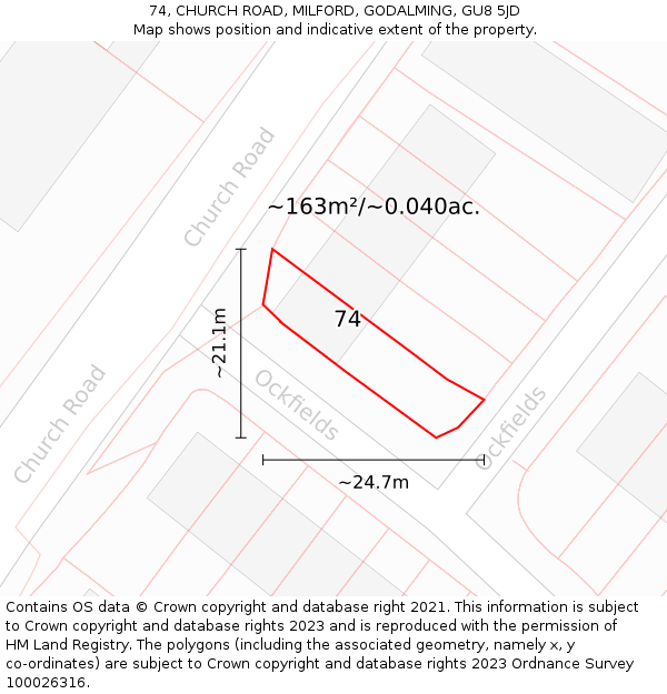 74, CHURCH ROAD, MILFORD, GODALMING, GU8 5JD: Plot and title map