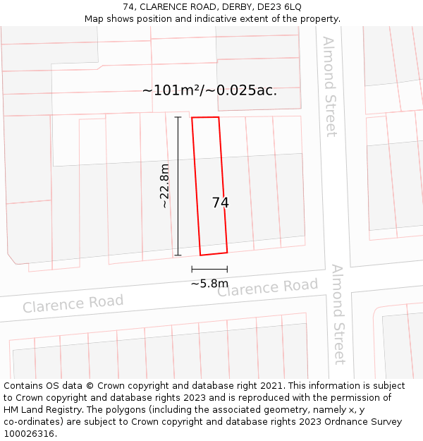 74, CLARENCE ROAD, DERBY, DE23 6LQ: Plot and title map