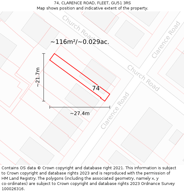 74, CLARENCE ROAD, FLEET, GU51 3RS: Plot and title map