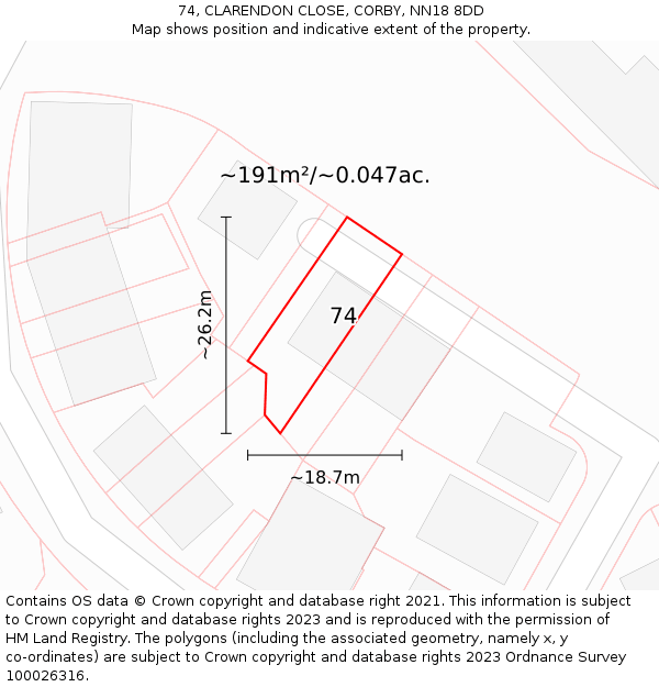 74, CLARENDON CLOSE, CORBY, NN18 8DD: Plot and title map