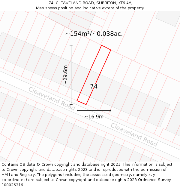 74, CLEAVELAND ROAD, SURBITON, KT6 4AJ: Plot and title map