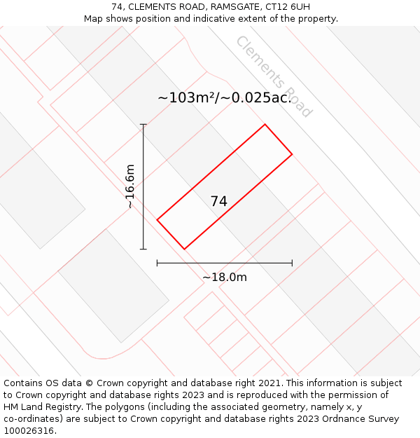 74, CLEMENTS ROAD, RAMSGATE, CT12 6UH: Plot and title map