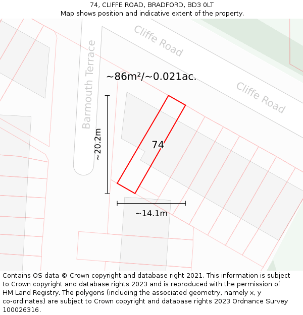 74, CLIFFE ROAD, BRADFORD, BD3 0LT: Plot and title map
