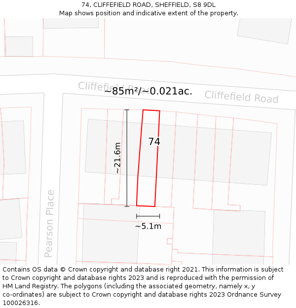 74, CLIFFEFIELD ROAD, SHEFFIELD, S8 9DL: Plot and title map