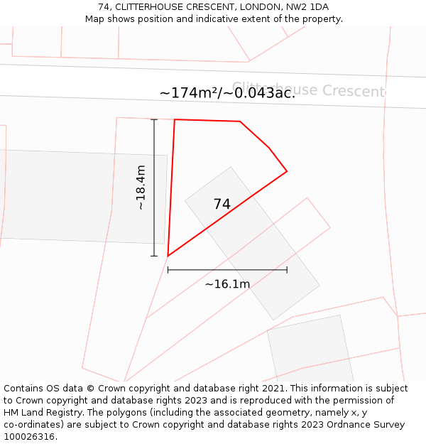 74, CLITTERHOUSE CRESCENT, LONDON, NW2 1DA: Plot and title map