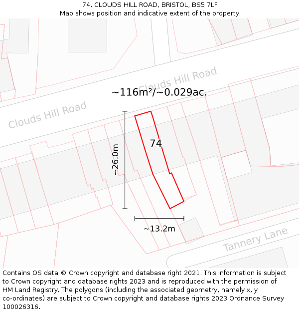 74, CLOUDS HILL ROAD, BRISTOL, BS5 7LF: Plot and title map