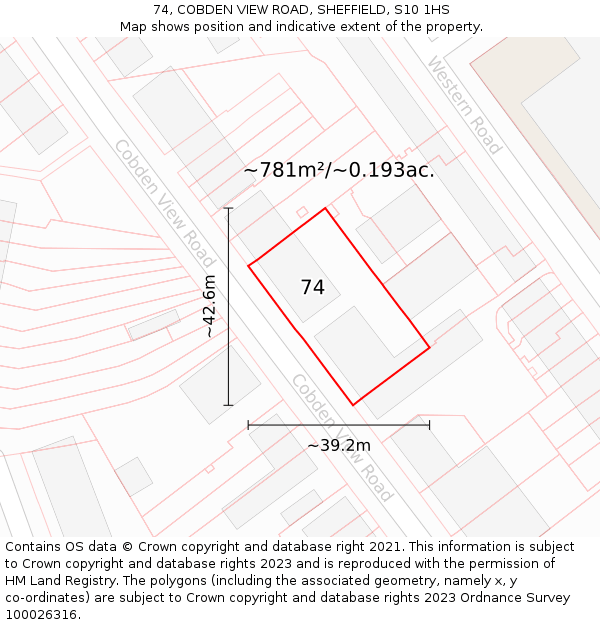 74, COBDEN VIEW ROAD, SHEFFIELD, S10 1HS: Plot and title map