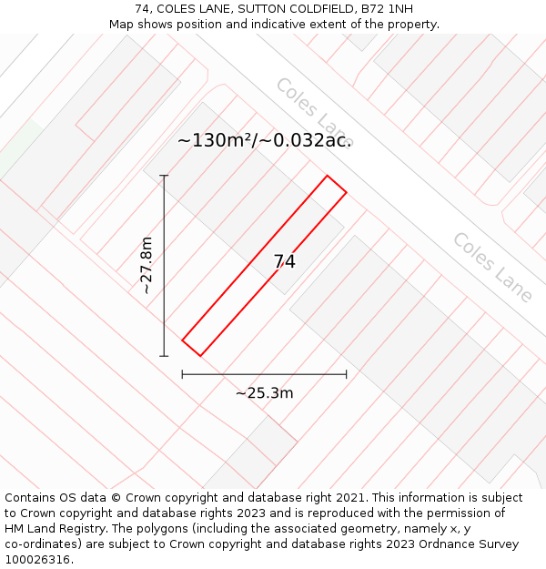 74, COLES LANE, SUTTON COLDFIELD, B72 1NH: Plot and title map