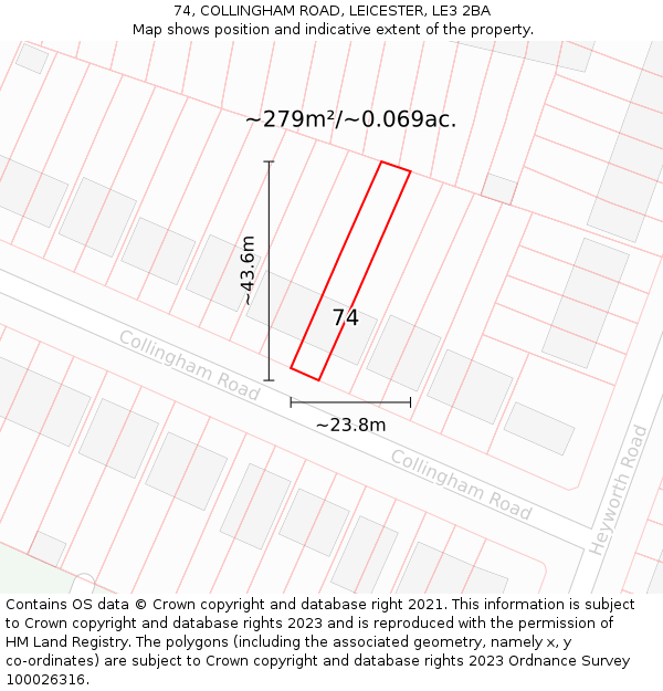 74, COLLINGHAM ROAD, LEICESTER, LE3 2BA: Plot and title map