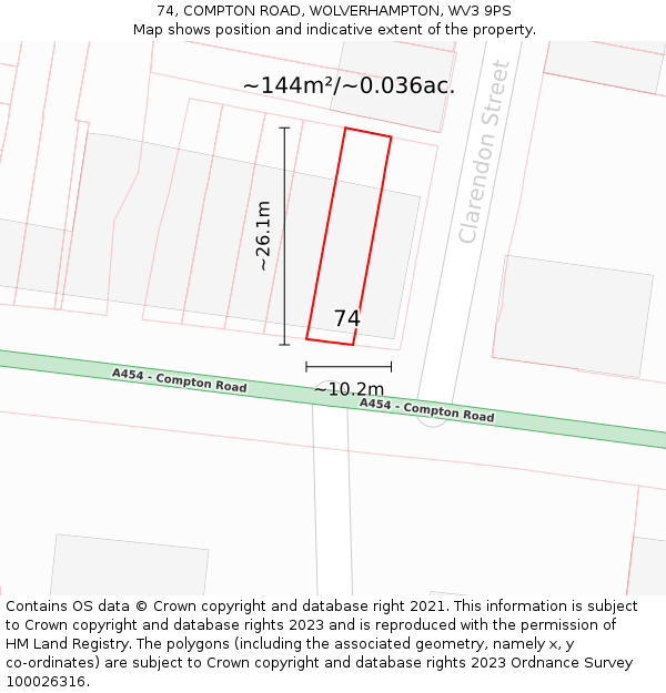 74, COMPTON ROAD, WOLVERHAMPTON, WV3 9PS: Plot and title map