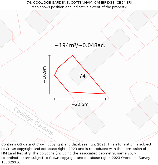 74, COOLIDGE GARDENS, COTTENHAM, CAMBRIDGE, CB24 8RJ: Plot and title map