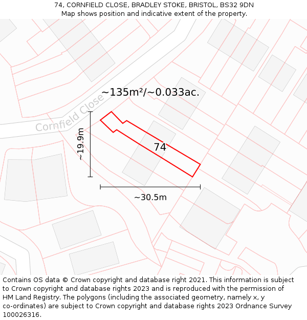 74, CORNFIELD CLOSE, BRADLEY STOKE, BRISTOL, BS32 9DN: Plot and title map