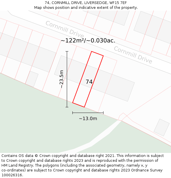 74, CORNMILL DRIVE, LIVERSEDGE, WF15 7EF: Plot and title map