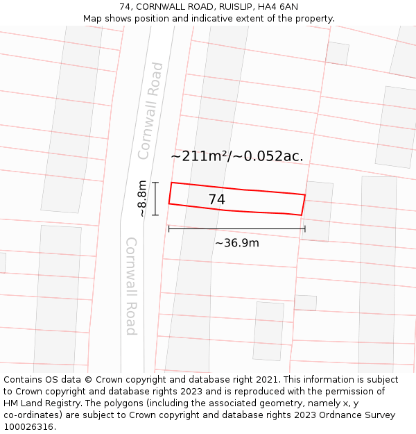74, CORNWALL ROAD, RUISLIP, HA4 6AN: Plot and title map