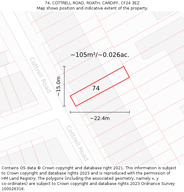 74, COTTRELL ROAD, ROATH, CARDIFF, CF24 3EZ: Plot and title map