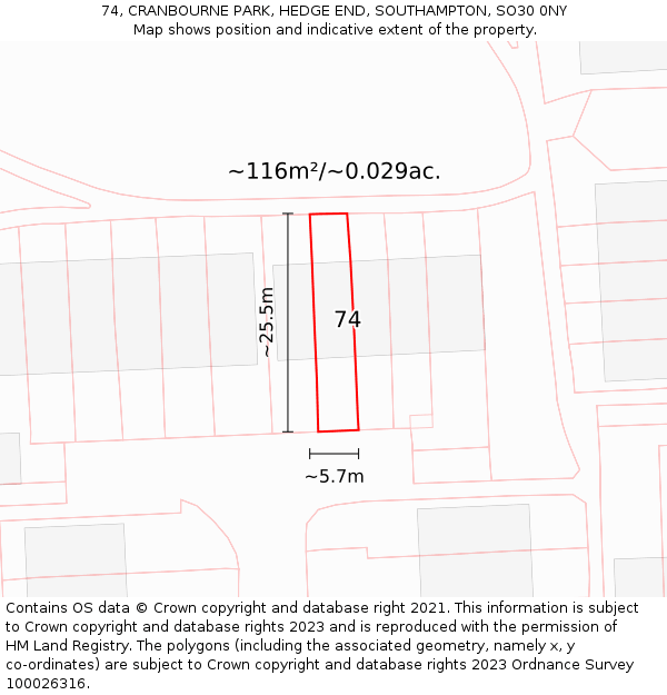 74, CRANBOURNE PARK, HEDGE END, SOUTHAMPTON, SO30 0NY: Plot and title map