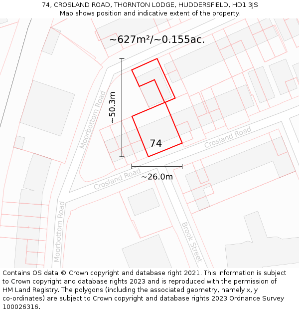 74, CROSLAND ROAD, THORNTON LODGE, HUDDERSFIELD, HD1 3JS: Plot and title map