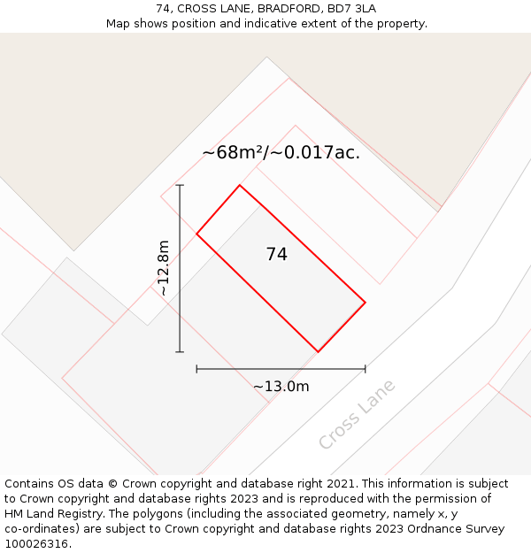 74, CROSS LANE, BRADFORD, BD7 3LA: Plot and title map