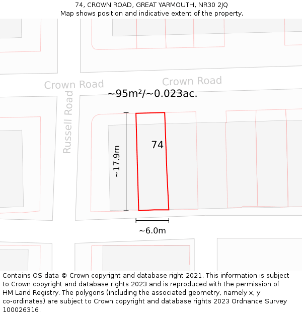74, CROWN ROAD, GREAT YARMOUTH, NR30 2JQ: Plot and title map