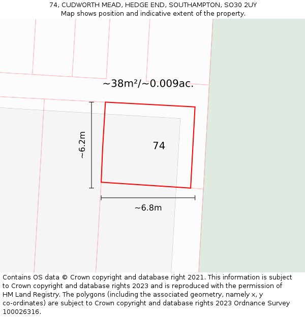 74, CUDWORTH MEAD, HEDGE END, SOUTHAMPTON, SO30 2UY: Plot and title map