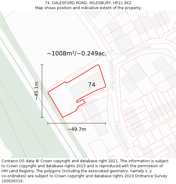74, DALESFORD ROAD, AYLESBURY, HP21 9XZ: Plot and title map