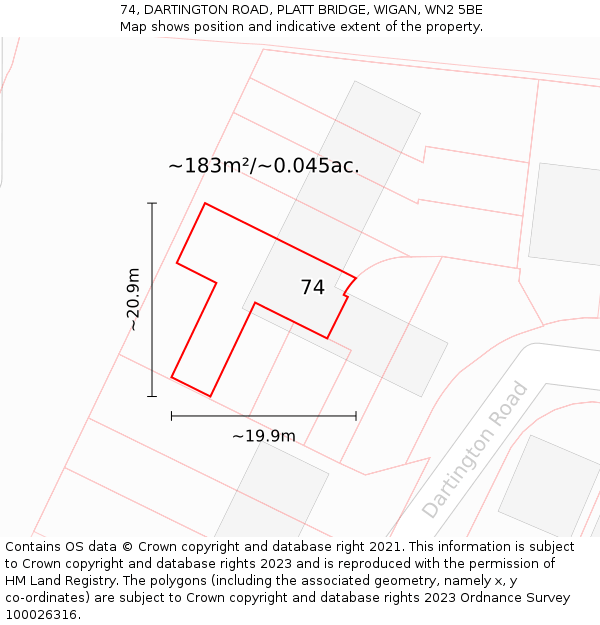 74, DARTINGTON ROAD, PLATT BRIDGE, WIGAN, WN2 5BE: Plot and title map