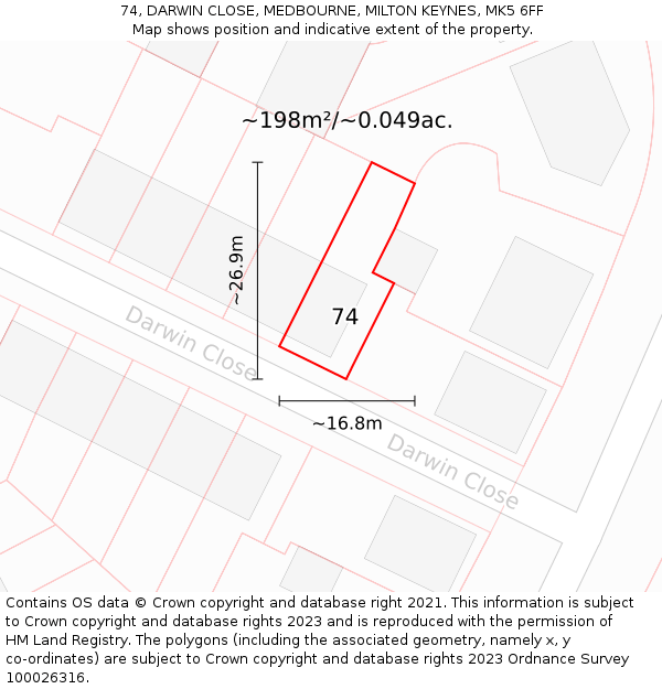 74, DARWIN CLOSE, MEDBOURNE, MILTON KEYNES, MK5 6FF: Plot and title map