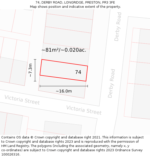 74, DERBY ROAD, LONGRIDGE, PRESTON, PR3 3FE: Plot and title map