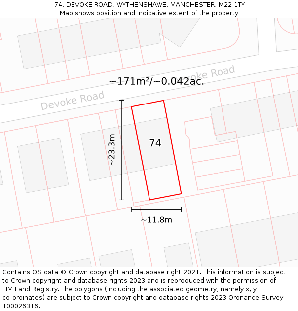 74, DEVOKE ROAD, WYTHENSHAWE, MANCHESTER, M22 1TY: Plot and title map