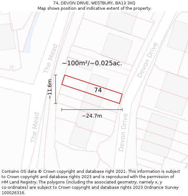 74, DEVON DRIVE, WESTBURY, BA13 3XQ: Plot and title map