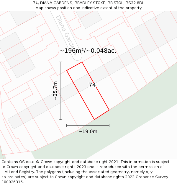 74, DIANA GARDENS, BRADLEY STOKE, BRISTOL, BS32 8DL: Plot and title map