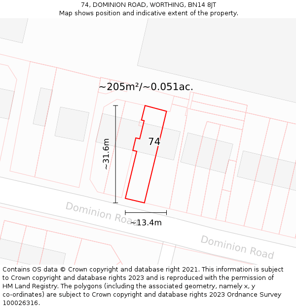 74, DOMINION ROAD, WORTHING, BN14 8JT: Plot and title map