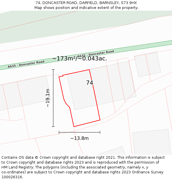 74, DONCASTER ROAD, DARFIELD, BARNSLEY, S73 9HX: Plot and title map
