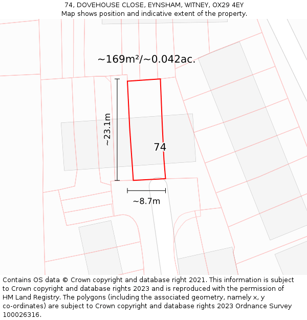 74, DOVEHOUSE CLOSE, EYNSHAM, WITNEY, OX29 4EY: Plot and title map