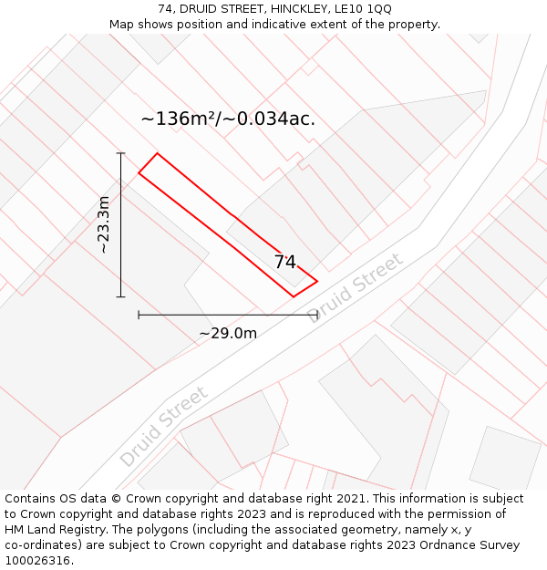 74, DRUID STREET, HINCKLEY, LE10 1QQ: Plot and title map