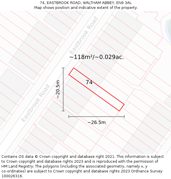74, EASTBROOK ROAD, WALTHAM ABBEY, EN9 3AL: Plot and title map