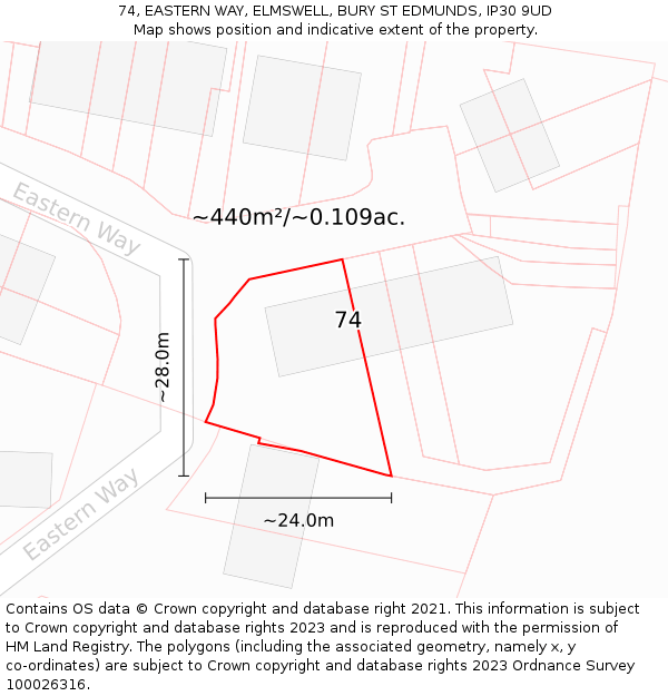 74, EASTERN WAY, ELMSWELL, BURY ST EDMUNDS, IP30 9UD: Plot and title map