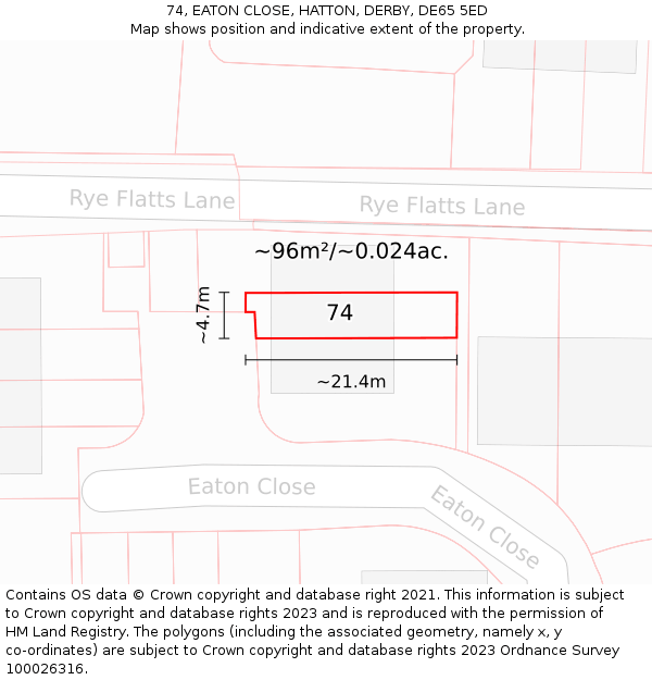 74, EATON CLOSE, HATTON, DERBY, DE65 5ED: Plot and title map