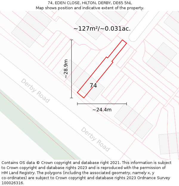 74, EDEN CLOSE, HILTON, DERBY, DE65 5NL: Plot and title map