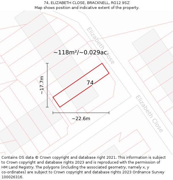 74, ELIZABETH CLOSE, BRACKNELL, RG12 9SZ: Plot and title map