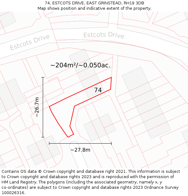 74, ESTCOTS DRIVE, EAST GRINSTEAD, RH19 3DB: Plot and title map