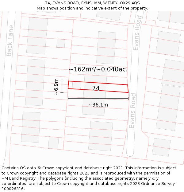74, EVANS ROAD, EYNSHAM, WITNEY, OX29 4QS: Plot and title map