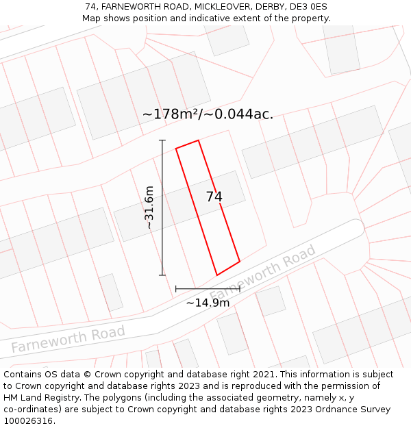 74, FARNEWORTH ROAD, MICKLEOVER, DERBY, DE3 0ES: Plot and title map